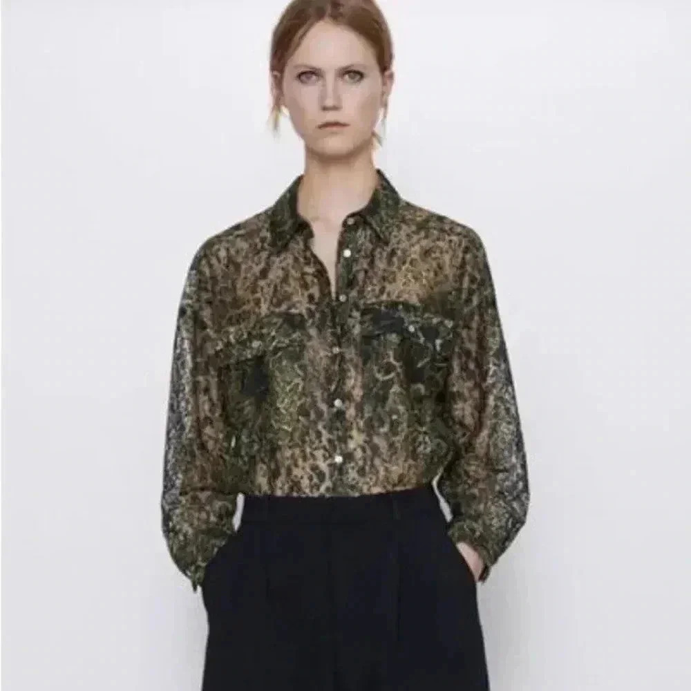 Zara Top Lace Animal Print Button Up